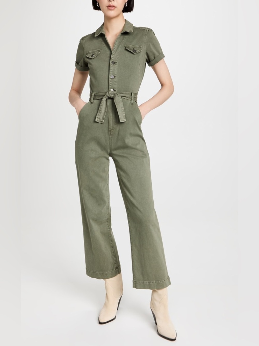 Paige Anessa Utility Tie-Waist Wide Leg Jumpsuit in Vintage  Ivy Green